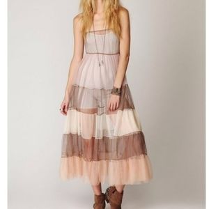 Free People Midi Tiered Ruffle Sheer Slip Tulle Medium M RARE Dress Vintage